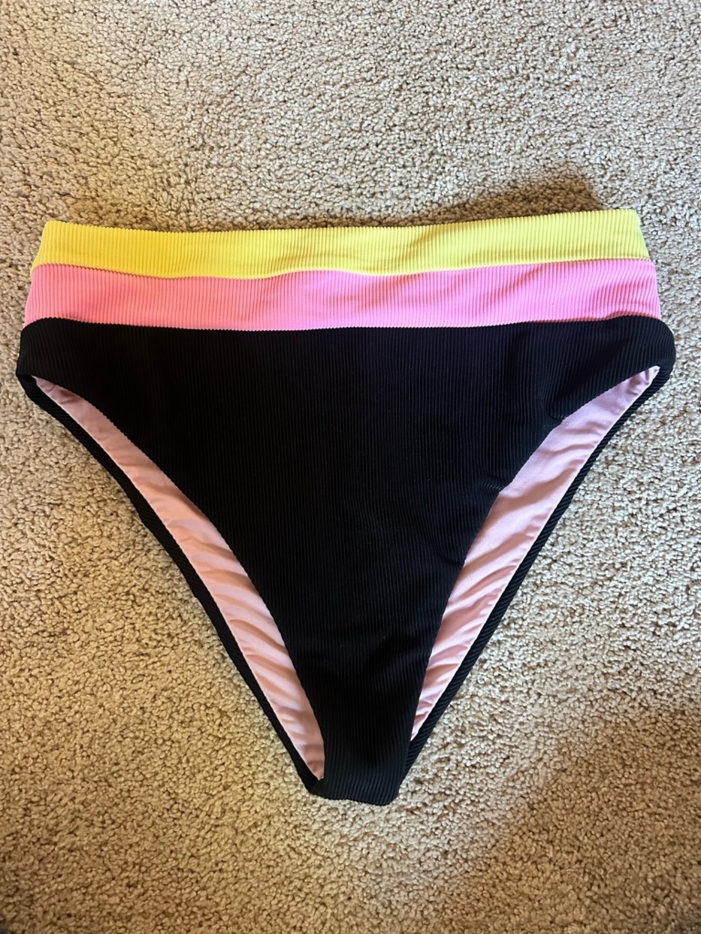 Beach Riot Ribbed Bikini Bottom in Black with Pink & Yellow Bands